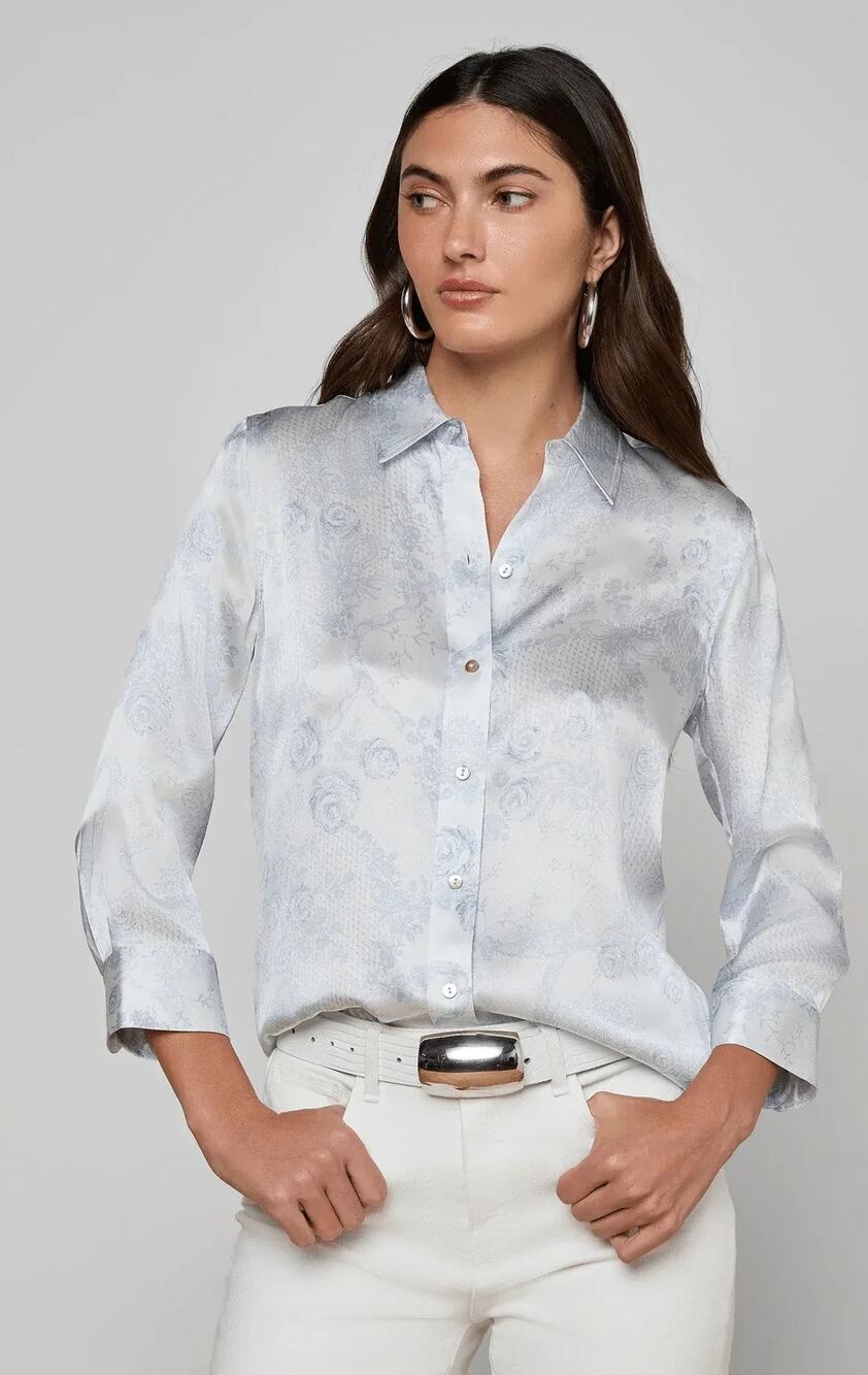 L'Agence Ivory Blue Lace Print Dani 3/4 Silk Blouse Top size S small